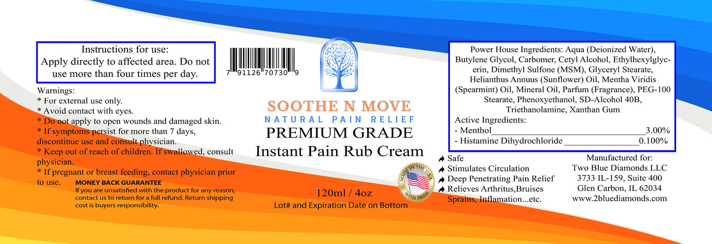4oz Premium Grade Instant Pain Rub Cream (w/ MSM, Menthol & Histamine Dihydrochloride)